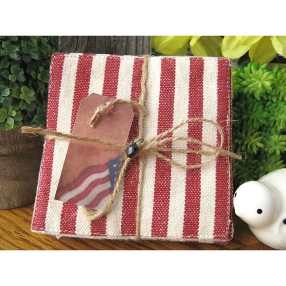New Rustic American Red & White Stripe Fabric Coasters Set of 6 w/ Flag Tag - Picture 1 of 9